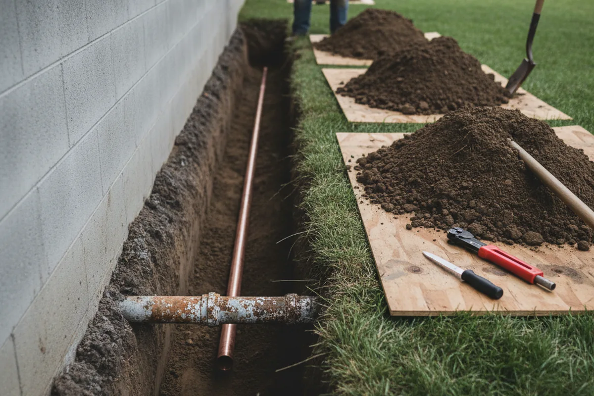 Excavated water line trench during Water Softener Installation in Havre